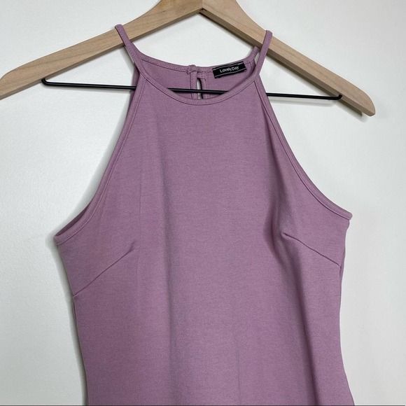 Lovely Day Purple Asymmetrical Hem Stretch Bodycon Mini Dress Halter Medium - Picture 4 of 8